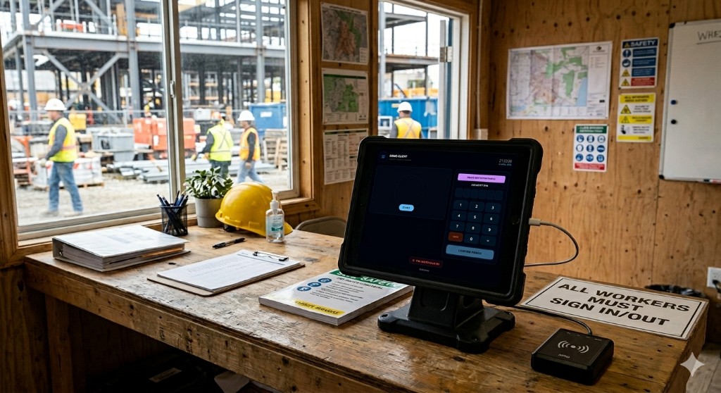 Tablet on a stand showing the SiteRoll Access keypad with face verification and PIN entry, next to a card reader on a construction site office desk
